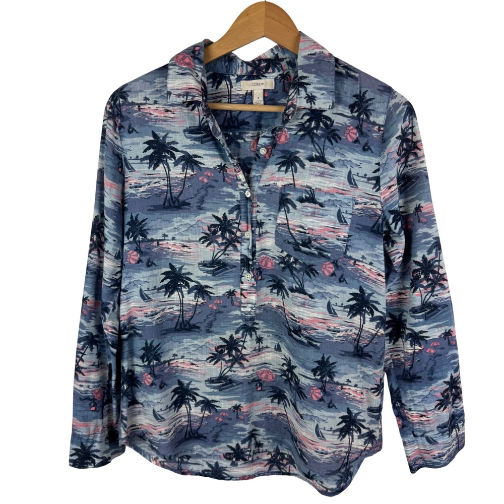 J Crew Tropical Print Popover Shirt Size 4 Blue Sailboats Nautical Preppy Beachy